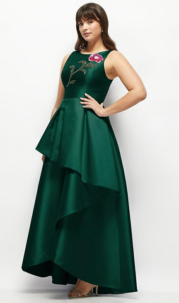 Front View - Hunter Green Beaded Floral Bodice Satin Maxi Dress with Layered Ballgown Skirt