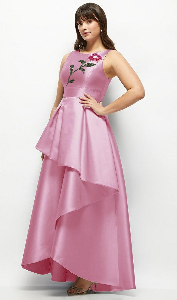 Front View - Powder Pink Beaded Floral Bodice Satin Maxi Dress with Layered Ballgown Skirt