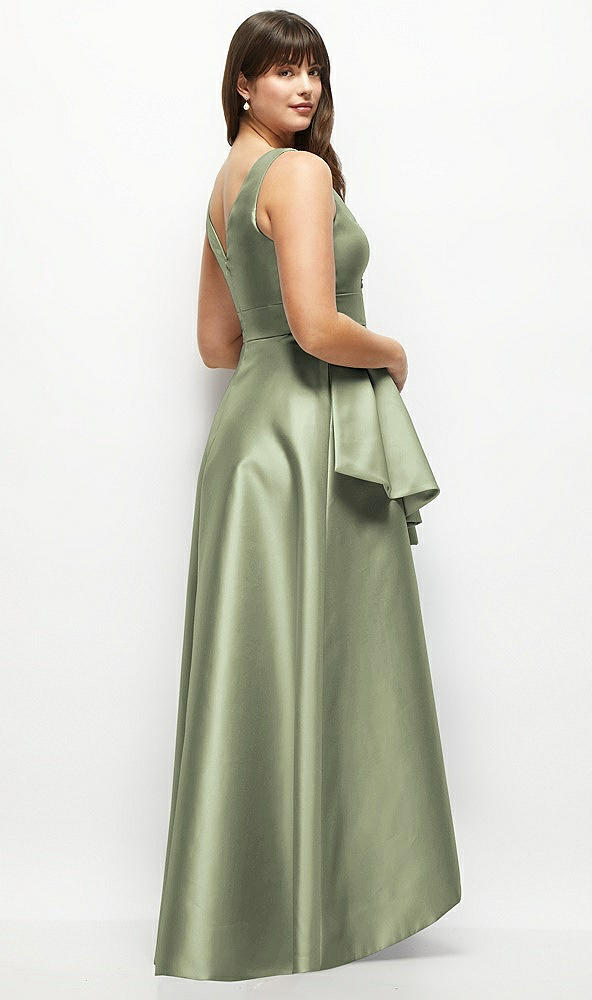 Back View - Sage Beaded Floral Bodice Satin Maxi Dress with Layered Ballgown Skirt