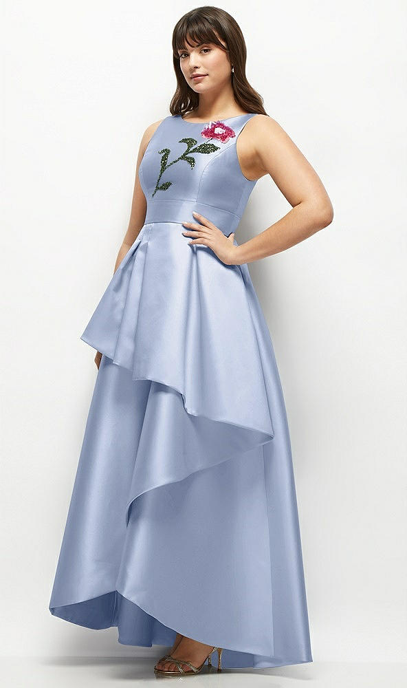 Front View - Sky Blue Beaded Floral Bodice Satin Maxi Dress with Layered Ballgown Skirt