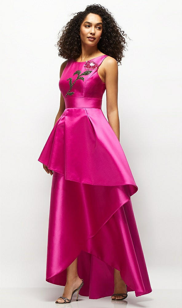 Front View - Think Pink Beaded Floral Bodice Satin Maxi Dress with Layered Ballgown Skirt