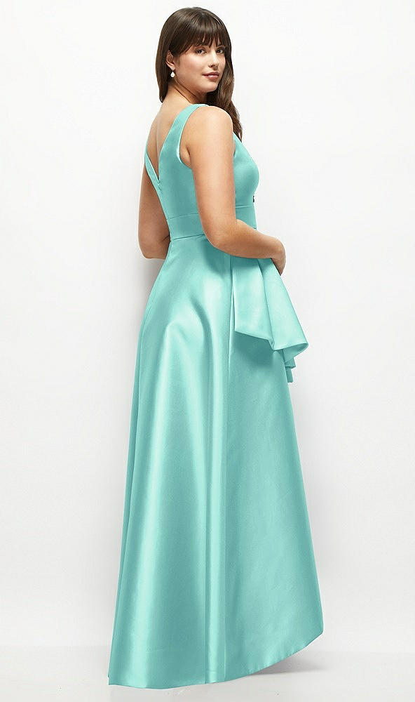 Back View - Coastal Satin Maxi Dress with Asymmetrical Layered Ballgown Skirt