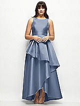 Front View Thumbnail - Larkspur Blue Satin Maxi Dress with Asymmetrical Layered Ballgown Skirt