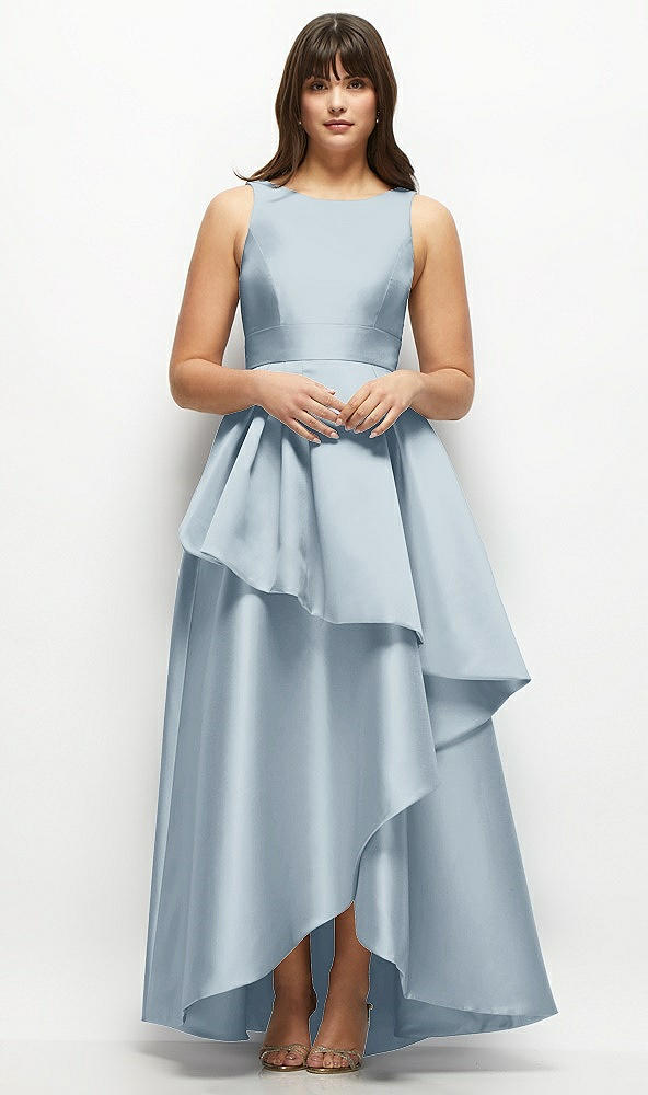 Front View - Mist Satin Maxi Dress with Asymmetrical Layered Ballgown Skirt