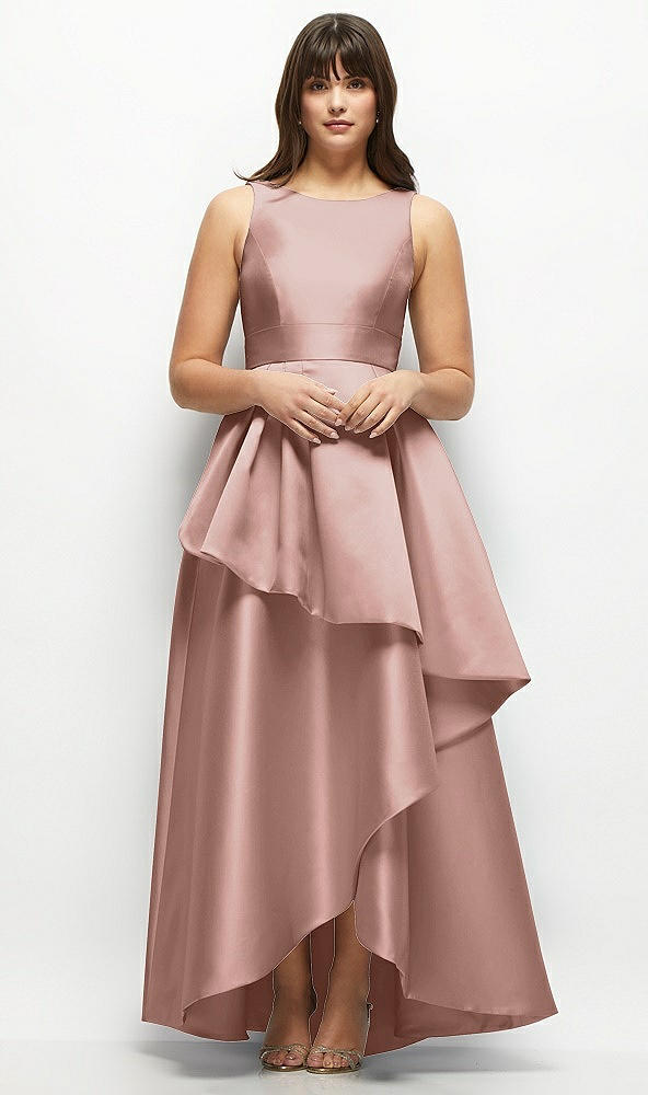 Front View - Neu Nude Satin Maxi Dress with Asymmetrical Layered Ballgown Skirt