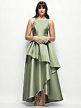 Front View Thumbnail - Sage Satin Maxi Dress with Asymmetrical Layered Ballgown Skirt