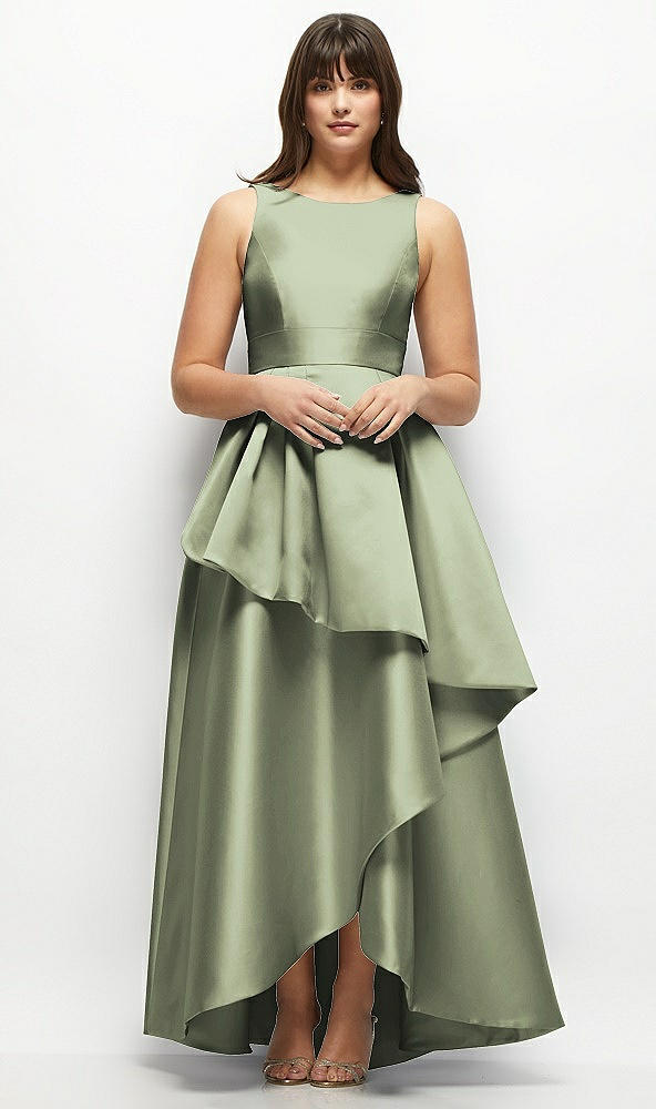 Front View - Sage Satin Maxi Dress with Asymmetrical Layered Ballgown Skirt