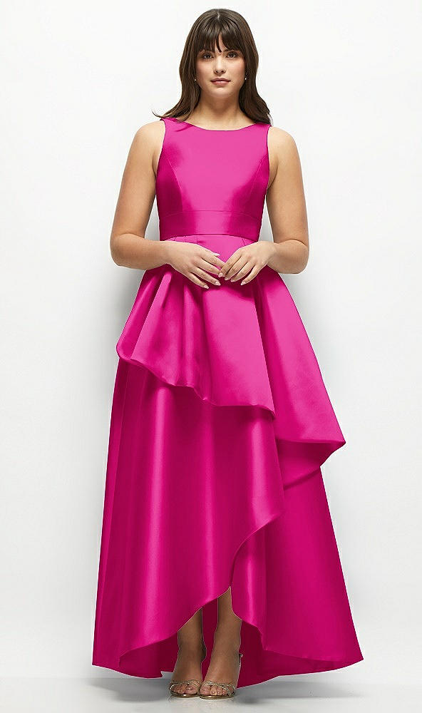 Front View - Think Pink Satin Maxi Dress with Asymmetrical Layered Ballgown Skirt