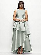 Front View Thumbnail - Willow Green Satin Maxi Dress with Asymmetrical Layered Ballgown Skirt