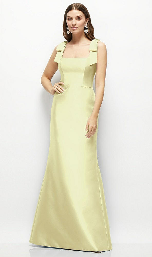 Front View - Butter Yellow Satin Fit and Flare Maxi Dress with Shoulder Bows