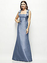 Front View Thumbnail - Larkspur Blue Satin Fit and Flare Maxi Dress with Shoulder Bows