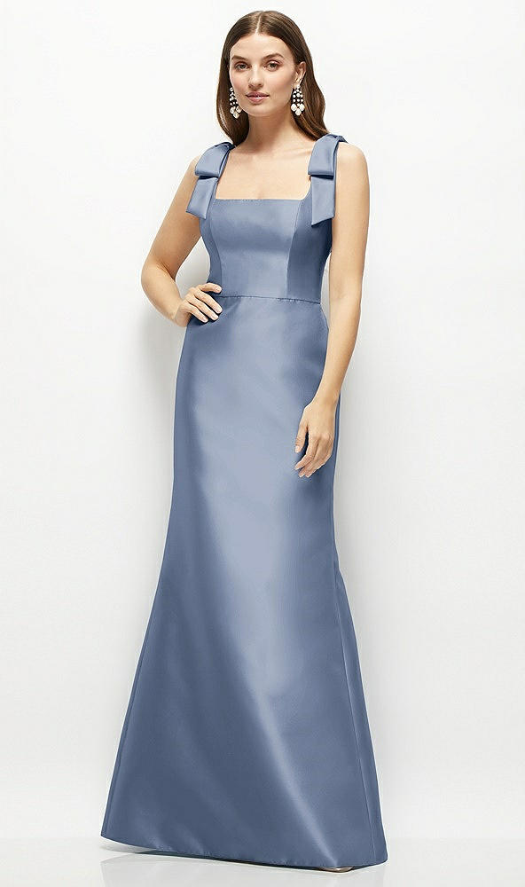 Front View - Larkspur Blue Satin Fit and Flare Maxi Dress with Shoulder Bows