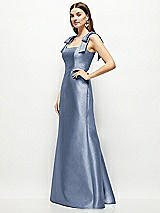 Side View Thumbnail - Larkspur Blue Satin Fit and Flare Maxi Dress with Shoulder Bows