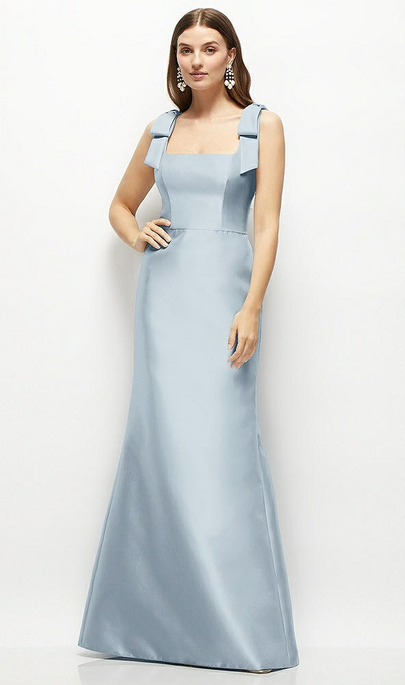 Front View - Mist Satin Fit and Flare Maxi Dress with Shoulder Bows