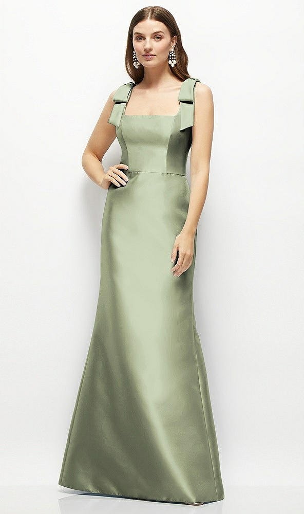 Front View - Sage Satin Fit and Flare Maxi Dress with Shoulder Bows