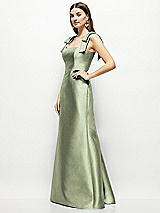 Side View Thumbnail - Sage Satin Fit and Flare Maxi Dress with Shoulder Bows