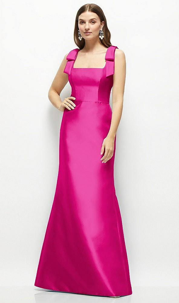 Front View - Think Pink Satin Fit and Flare Maxi Dress with Shoulder Bows