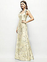 Side View Thumbnail - Butter Yellow Floral Floral Satin Fit and Flare Maxi Dress with Shoulder Bows