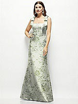 Front View Thumbnail - Sage Cottage Rose Floral Satin Fit and Flare Maxi Dress with Shoulder Bows