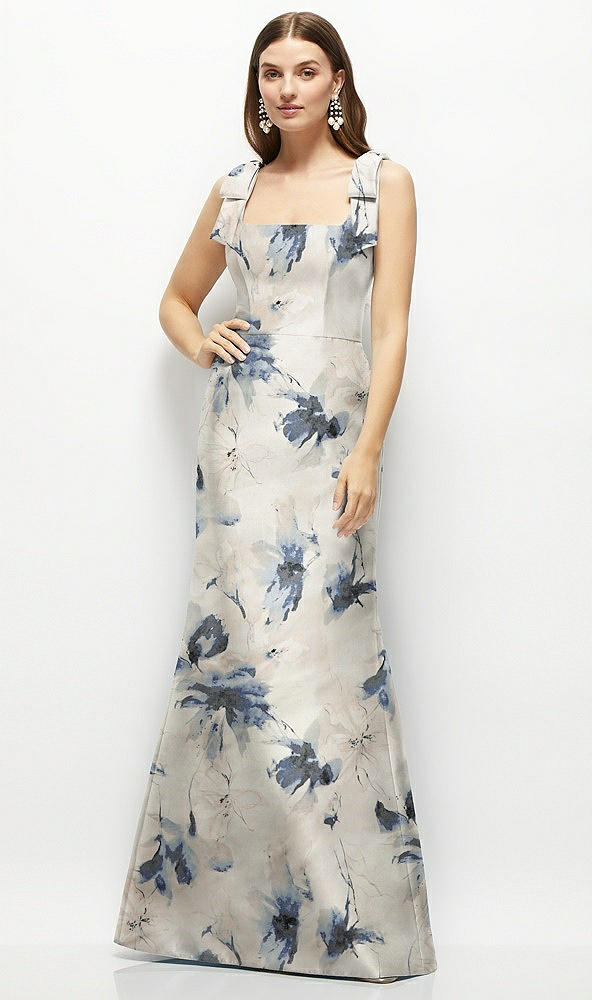 Front View - Inkwash Blue Floral Floral Satin Fit and Flare Maxi Dress with Shoulder Bows