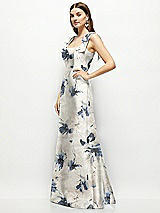 Side View Thumbnail - Inkwash Blue Floral Floral Satin Fit and Flare Maxi Dress with Shoulder Bows