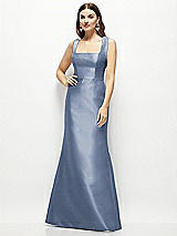 Front View Thumbnail - Larkspur Blue Satin Square Neck Fit and Flare Maxi Dress