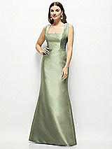 Front View Thumbnail - Sage Satin Square Neck Fit and Flare Maxi Dress