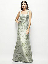 Front View Thumbnail - Sage Cottage Rose Floral Satin Square Neck Fit and Flare Maxi Dress