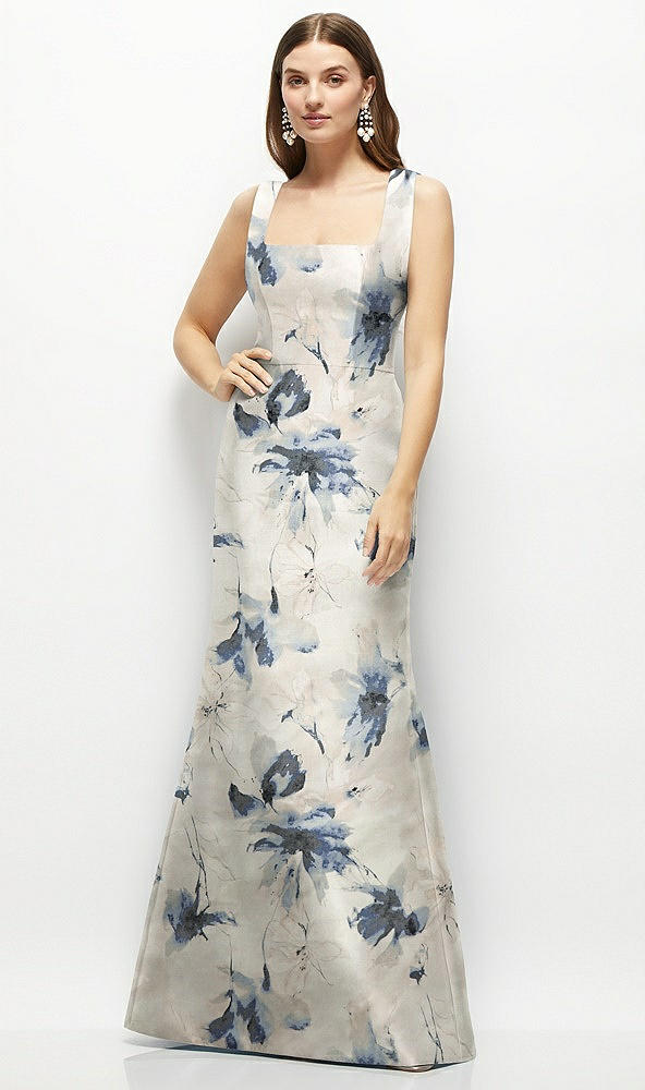 Front View - Inkwash Blue Floral Floral Satin Square Neck Fit and Flare Maxi Dress