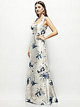 Side View Thumbnail - Inkwash Blue Floral Floral Satin Square Neck Fit and Flare Maxi Dress