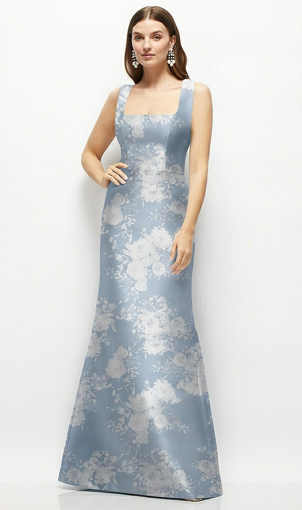 Front View - Porcelain Blue Seraphina Floral Floral Satin Square Neck Fit and Flare Maxi Dress