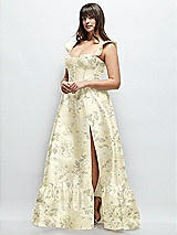 Alt View 2 Thumbnail - Butter Yellow Floral Floral Satin Corset Maxi Dress with Ruffle Straps & Skirt