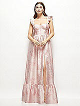 Front View Thumbnail - Bow And Blossom Print Floral Satin Corset Maxi Dress with Ruffle Straps & Skirt