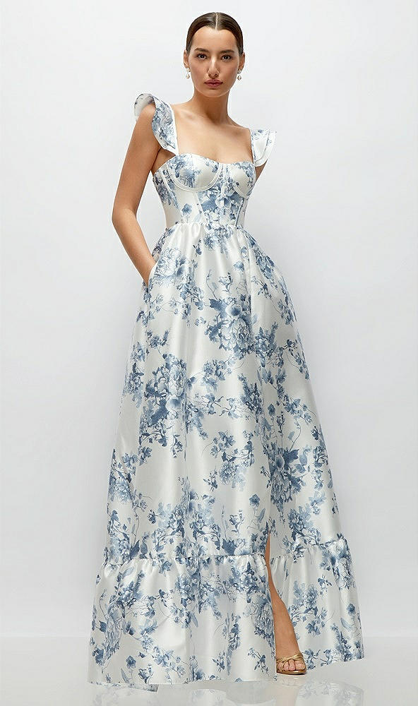 Front View - Cottage Rose Larkspur Floral Satin Corset Maxi Dress with Ruffle Straps & Skirt