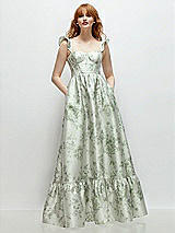 Front View Thumbnail - Sage Cottage Rose Floral Satin Corset Maxi Dress with Ruffle Straps & Skirt