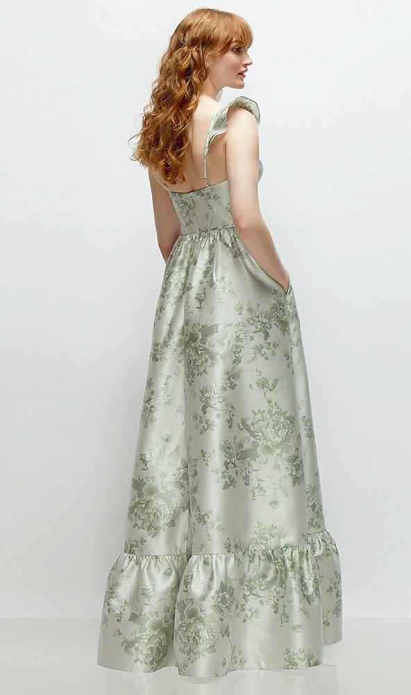 Back View - Sage Cottage Rose Floral Satin Corset Maxi Dress with Ruffle Straps & Skirt