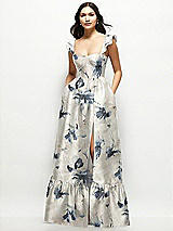 Front View Thumbnail - Inkwash Blue Floral Floral Satin Corset Maxi Dress with Ruffle Straps & Skirt