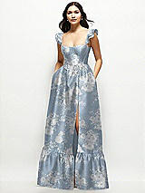 Front View Thumbnail - Porcelain Blue Seraphina Floral Floral Satin Corset Maxi Dress with Ruffle Straps & Skirt