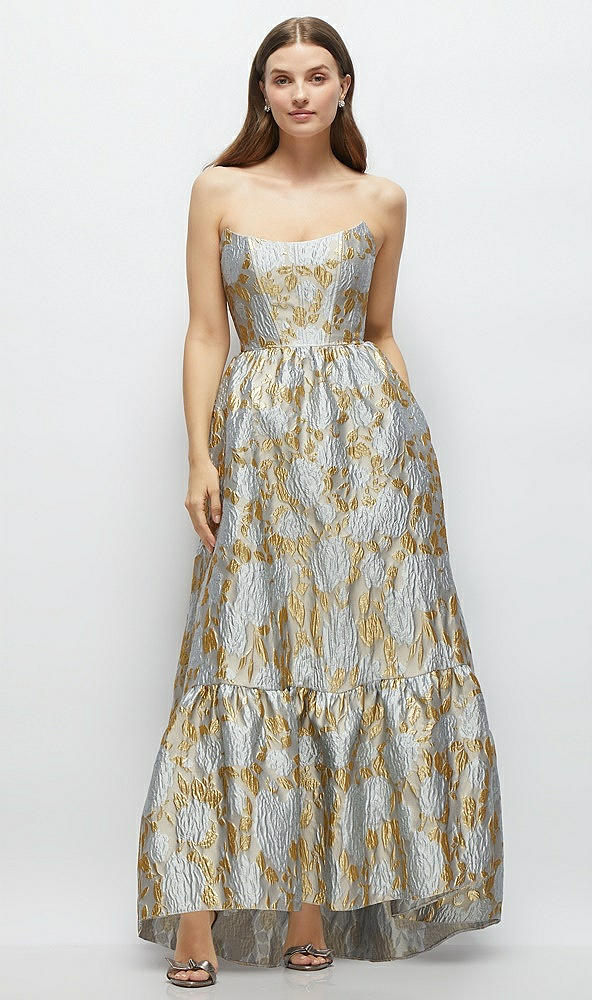 Front View - Winter Mist Strapless Cat-Eye Boned Bodice Brocade High-Low Dress