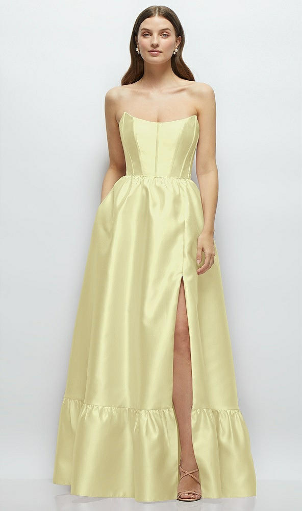 Front View - Butter Yellow Strapless Cat-Eye Boned Bodice Maxi Dress with Ruffle Hem