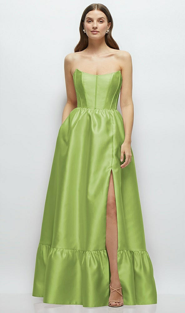 Front View - Mojito Strapless Cat-Eye Boned Bodice Maxi Dress with Ruffle Hem