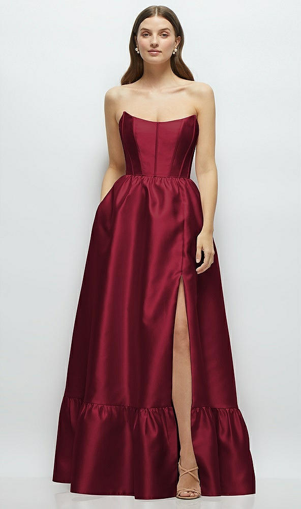 Front View - Burgundy Strapless Cat-Eye Boned Bodice Maxi Dress with Ruffle Hem