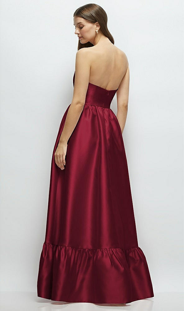 Back View - Burgundy Strapless Cat-Eye Boned Bodice Maxi Dress with Ruffle Hem