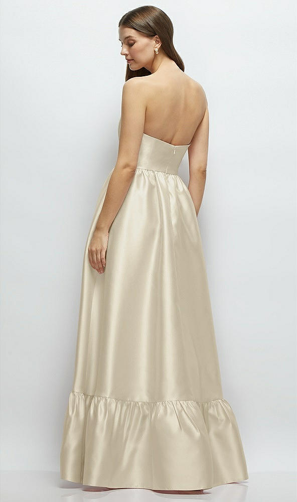 Back View - Champagne Strapless Cat-Eye Boned Bodice Maxi Dress with Ruffle Hem