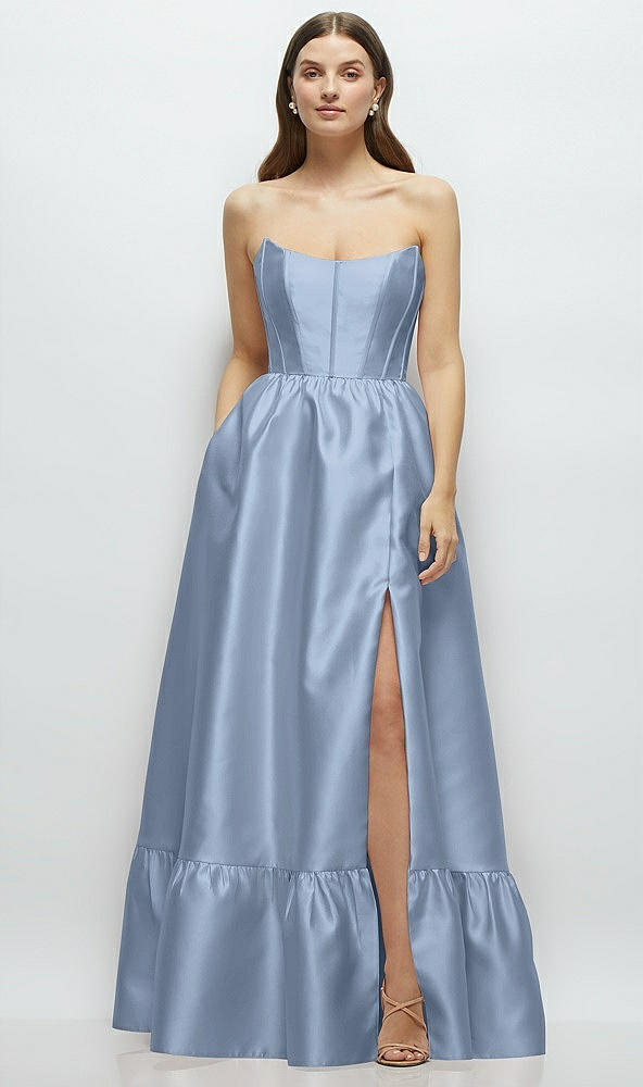 Front View - Cloudy Strapless Cat-Eye Boned Bodice Maxi Dress with Ruffle Hem