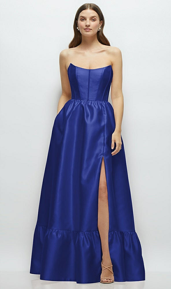 Front View - Cobalt Blue Strapless Cat-Eye Boned Bodice Maxi Dress with Ruffle Hem