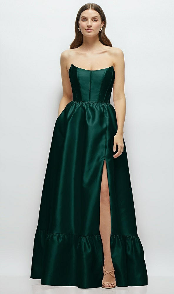 Front View - Evergreen Strapless Cat-Eye Boned Bodice Maxi Dress with Ruffle Hem