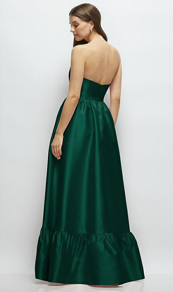 Back View - Hunter Green Strapless Cat-Eye Boned Bodice Maxi Dress with Ruffle Hem