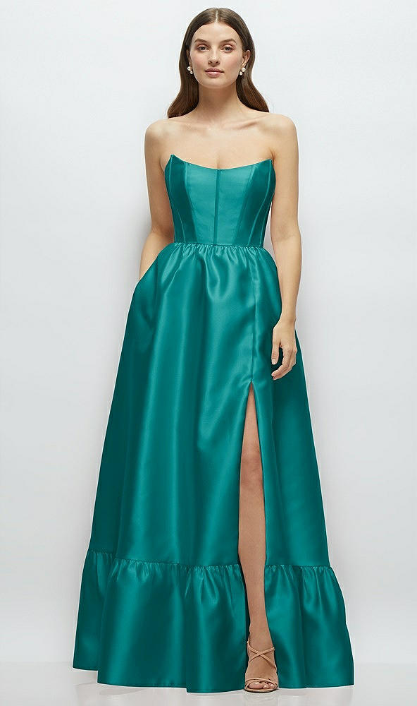 Front View - Jade Strapless Cat-Eye Boned Bodice Maxi Dress with Ruffle Hem