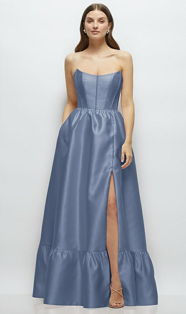 Front View - Larkspur Blue Strapless Cat-Eye Boned Bodice Maxi Dress with Ruffle Hem